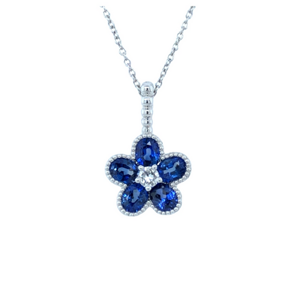 14K White Gold Blue Sapphire and Diamond Flower Necklace