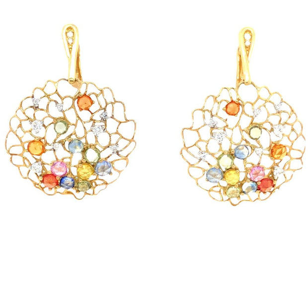 14k Yellow Gold Multi-Colored Sapphires and Diamond Earrings