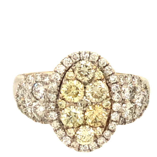18k White Gold Yellow Diamond and White Diamond Oval Cluster Ring