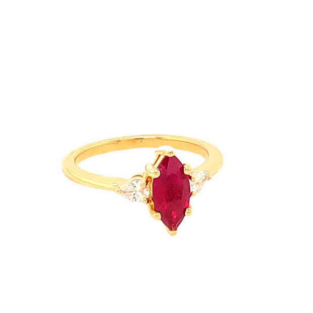 14K Yellow Natural Burmese Ruby Marquise and Lab Grown Diamond Ring