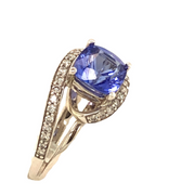 14K White Gold Cushion Cut Tanzanite and Diamond Bypass Ring