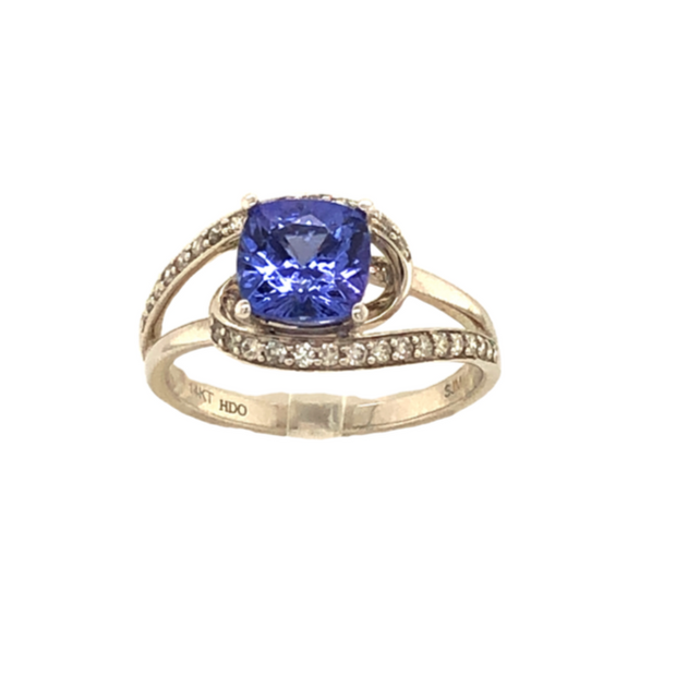 14K White Gold Cushion Cut Tanzanite and Diamond Bypass Ring