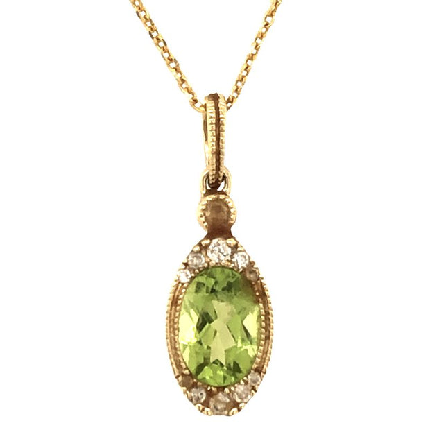 14K Yellow Gold Bezel Set Peridot and Diamond Pendant