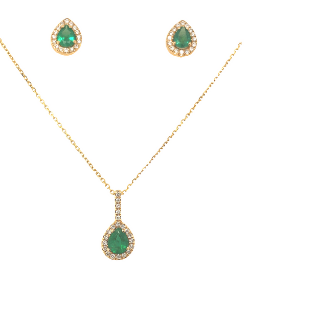 14K Yellow Gold Pear Shape Emerald and Diamond Necklace and Earrings