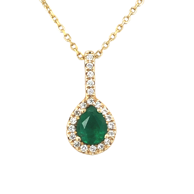 14K Yellow Gold Pear Shape Emerald and Diamond Necklace and Earrings