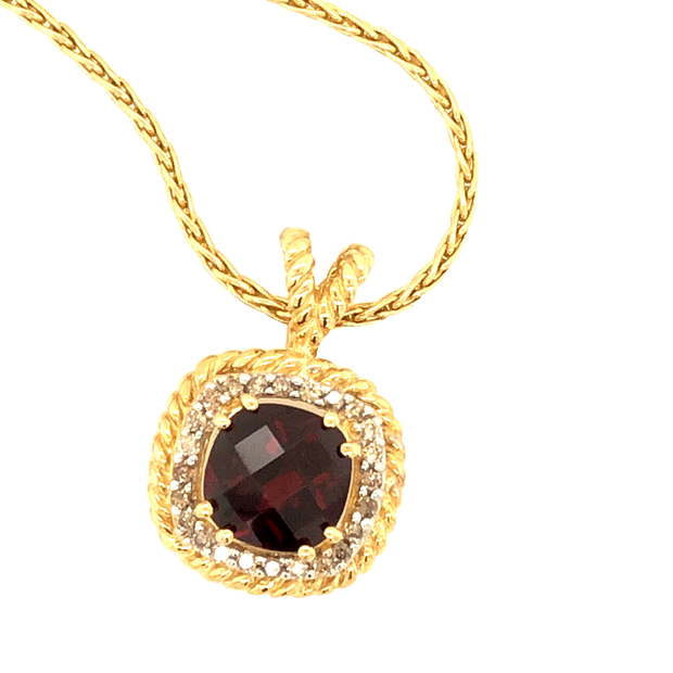 14K Yellow Gold Round Checkerboard Cut Garnet and Diamond Pendant