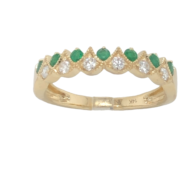 14K Yellow Gold Round Emerald and Diamond Ring