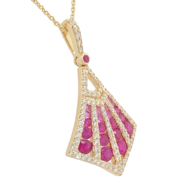 14K Yellow Gold Ruby and Diamond Fan Shape Necklace