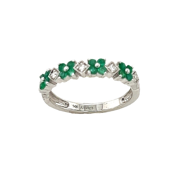 14k White Gold Emerald Flower Stacking Band