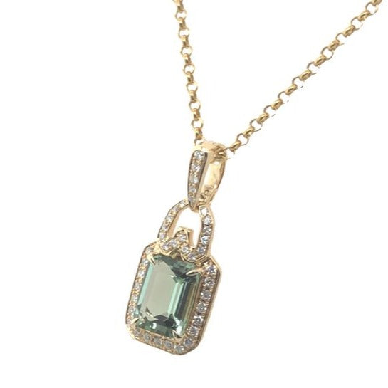 14k Yellow Gold Light Green Tourmaline and Diamond  Pendant