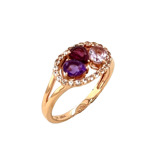 14k Rose Gold Mixed Gem Ring with Diamond Halo