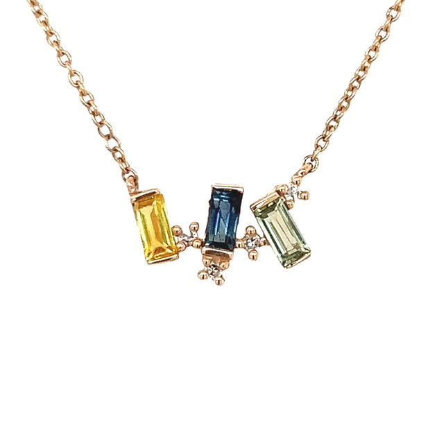 14k Rose Gold and Mixed Sapphire 3-Stone Necklace