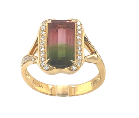 14k Yellow Gold Bicolor Tourmaline and Diamond Ring