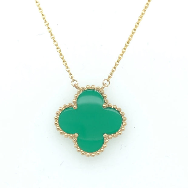 14k Yellow Gold Green Agate Clover Necklace