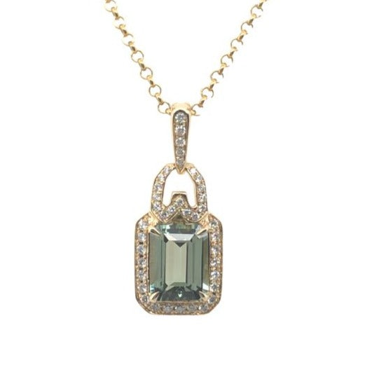 14k Yellow Gold Light Green Tourmaline and Diamond  Pendant