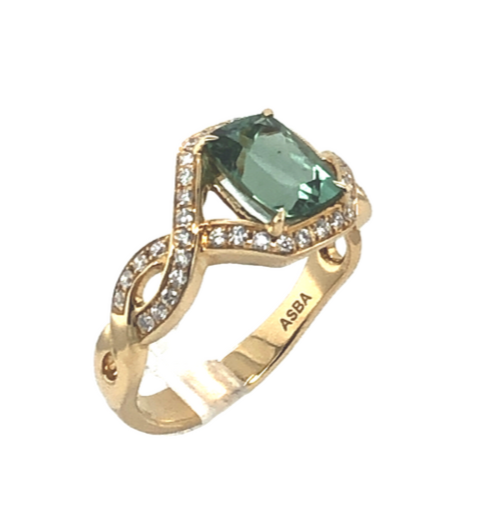 14k Yellow Gold Light Green Tourmaline and Diamond Ring
