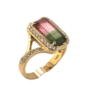 14k Yellow Gold Bicolor Tourmaline and Diamond Ring
