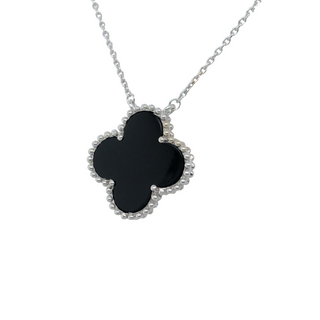 14k White Gold Black Onyx Clover Necklace