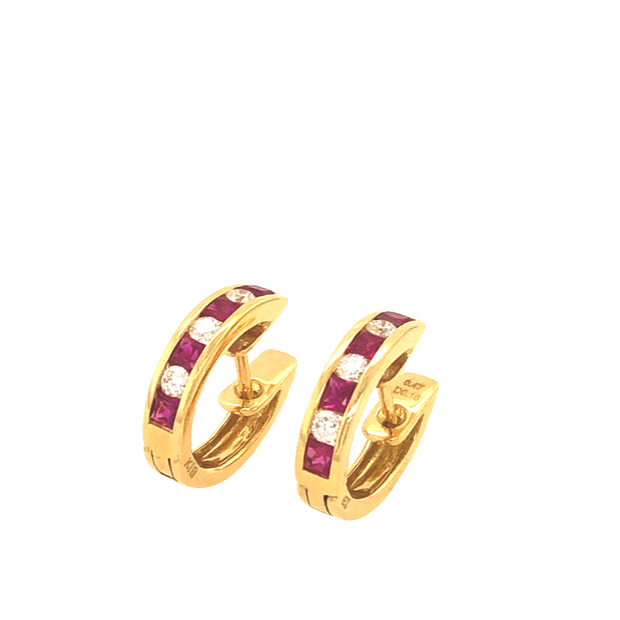 18K Yellow Gold Ruby and Diamond Huggie Earrings