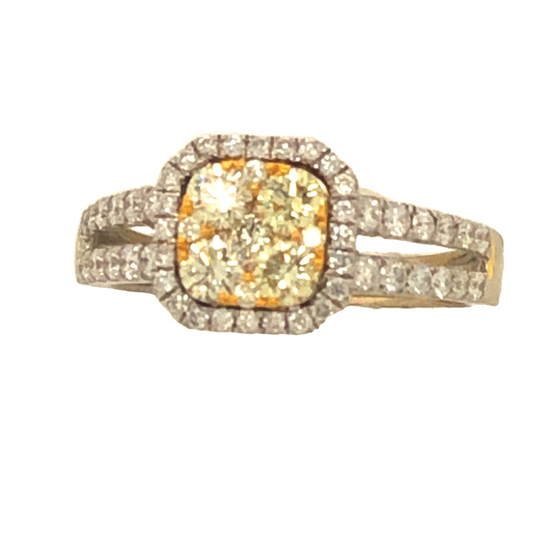 18K White Gold Yellow and White Diamond Cluster Ring