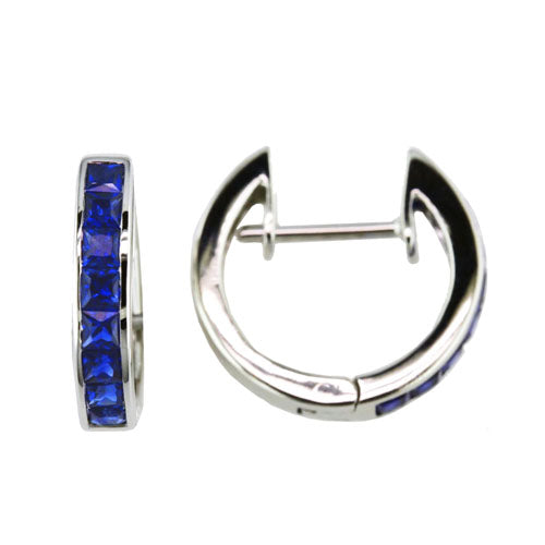 18K White Gold Blue Sapphire Huggie Hoop Earrings