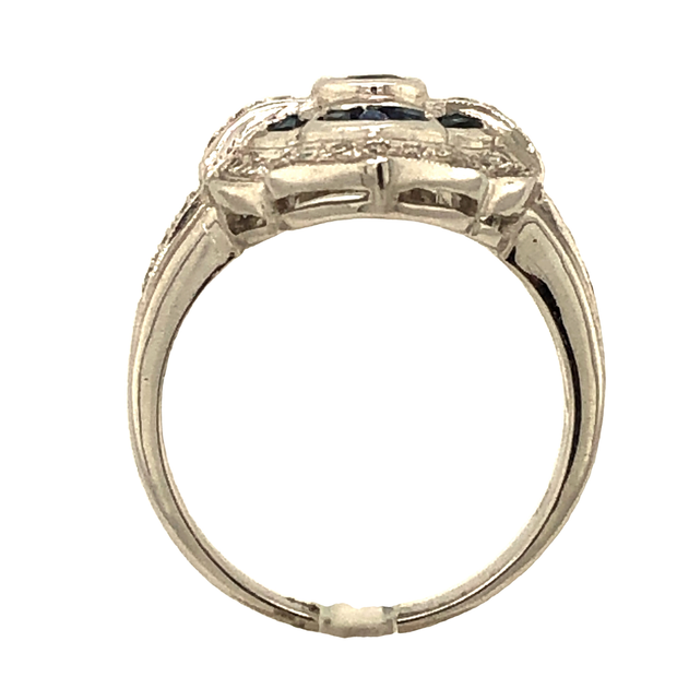 18K White Gold and Blue Sapphire Scalloped Art Deco Style Ring