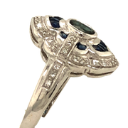 18K White Gold and Blue Sapphire Scalloped Art Deco Style Ring
