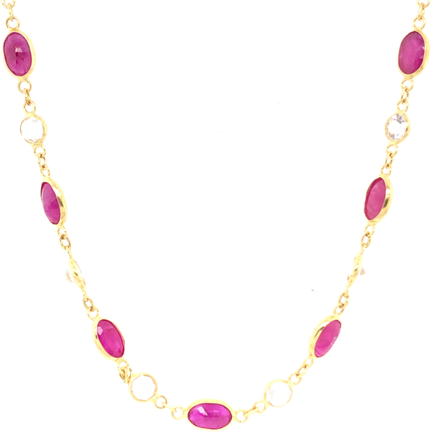 18K Yellow Gold Handmade Ruby and White Sapphire Necklace