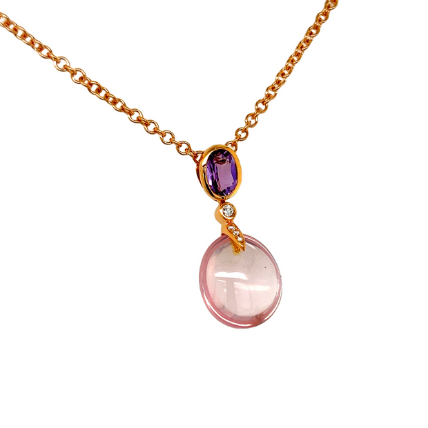 18k Rose Gold, Amethyst and Pink Moonstone Pendant