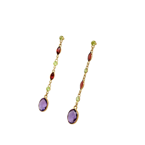 18k Amethyst, Garnet and Peridot Earrings