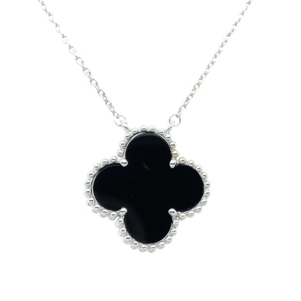 14k White Gold Black Onyx Clover Necklace