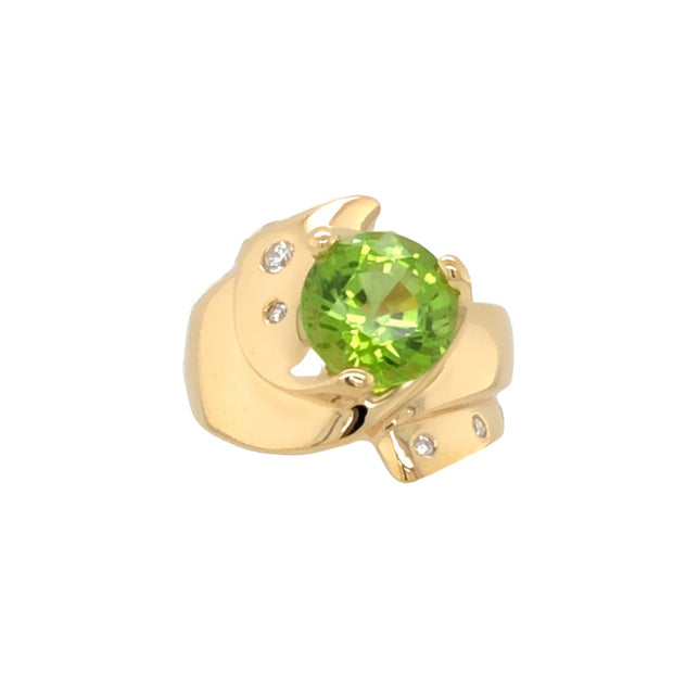 Peridot Ring with Diamond  Accents in 18K Yellow Gold