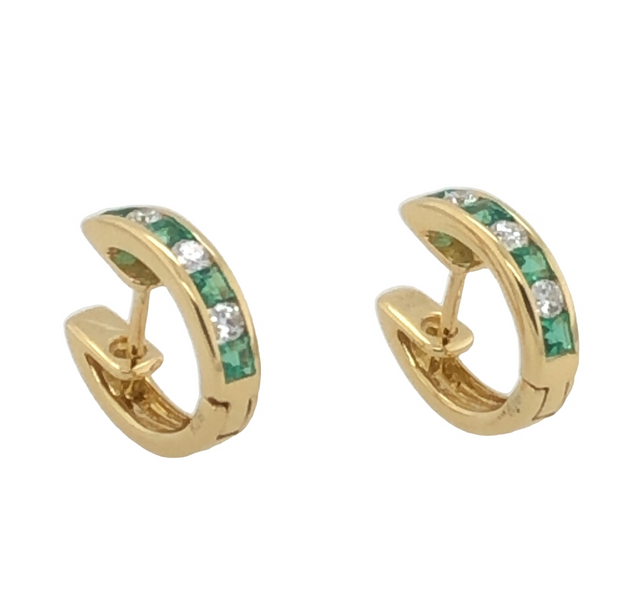 18K Yellow Gold Emerald and Diamond Huggie Hoop Earrings