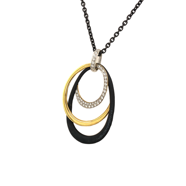 18K Yellow Gold, White Gold and Diamond Pendant on a Black Steel Chain