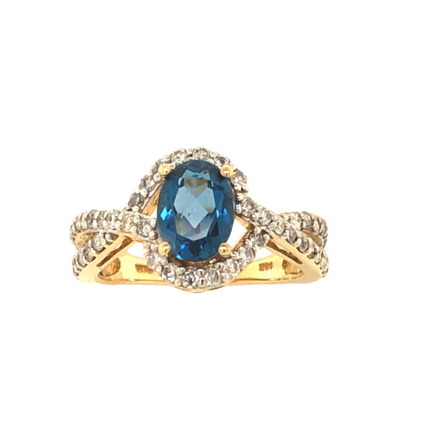 14k Yellow Gold London Blue Topaz and Diamond Ring