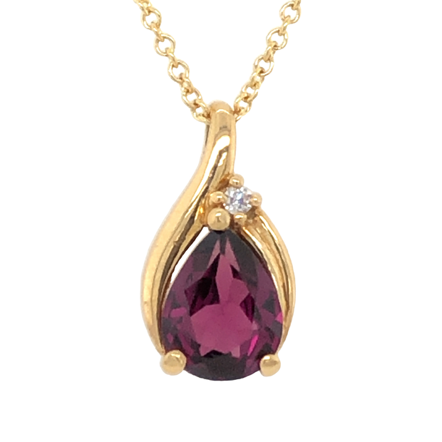 14k Yellow Gold Rhodolite Garnet Pear Shape Solitaire Pendant with Diamond Accent