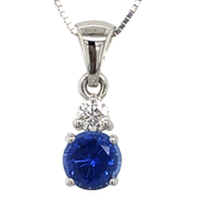 18K White Gold Round Blue Sapphire Pendant with Diamond Accent