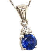 18K White Gold Round Blue Sapphire Pendant with Diamond Accent