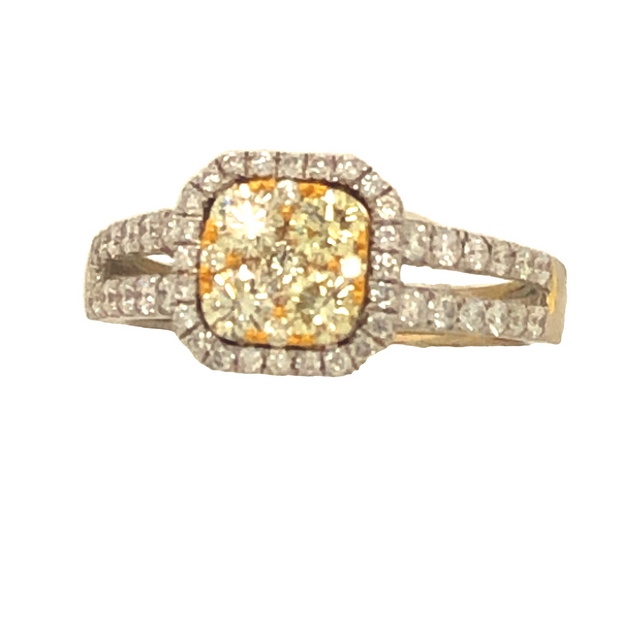 18K White Gold And Yellow Diamond Halo Ring