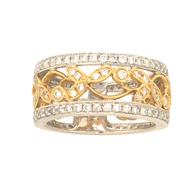 18K Yellow and White Leaf and Vine Diamond Band Ring