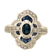 18K White Gold and Blue Sapphire Scalloped Art Deco Style Ring