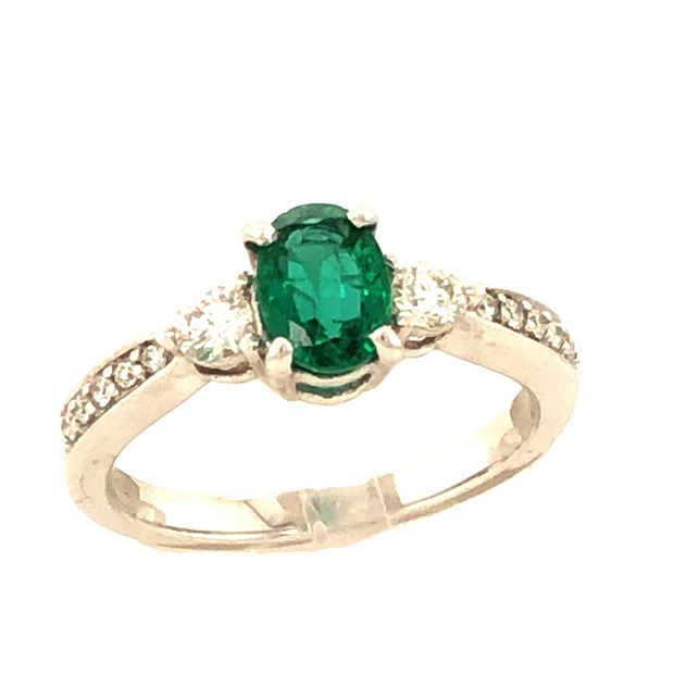 18K White Gold and Oval Emerald Ring with Diamond Accents