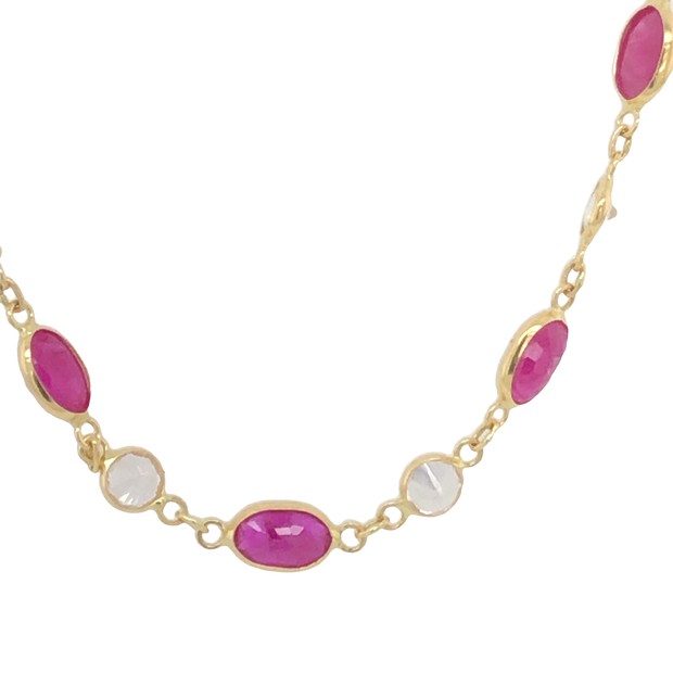 18K Yellow Gold Handmade Ruby and White Sapphire Necklace