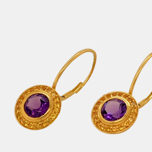 18K Yellow Gold Amethyst and Yellow Sapphire Lever Back Earrings