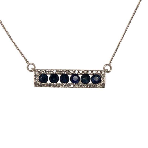 14K White Gold Blue Sapphire and Diamond Bar Necklace