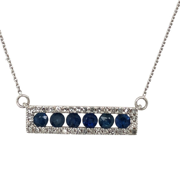 14K White Gold Blue Sapphire and Diamond Bar Necklace