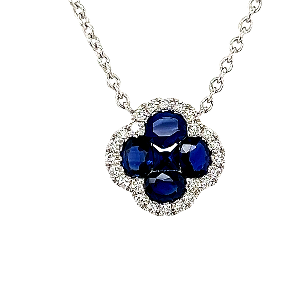 Blue Sapphire Clover Necklace with Diamond Halo