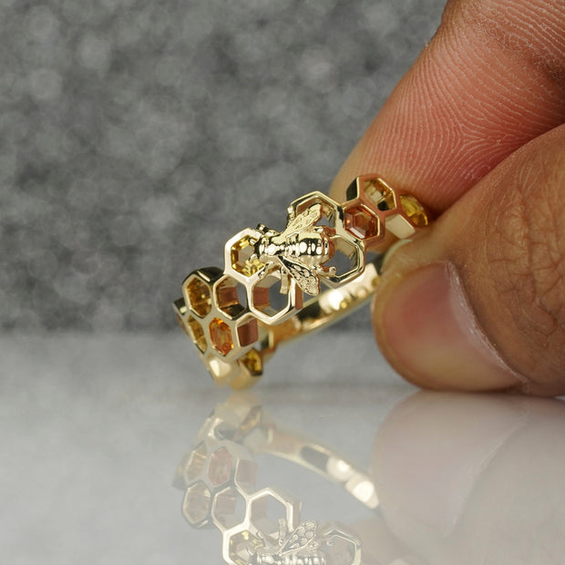 Designer 14k Yellow Gold and Sapphire Bee Ring