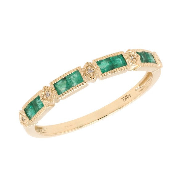 14k Yellow Gold Square Cut Emerald and Diamond Ring