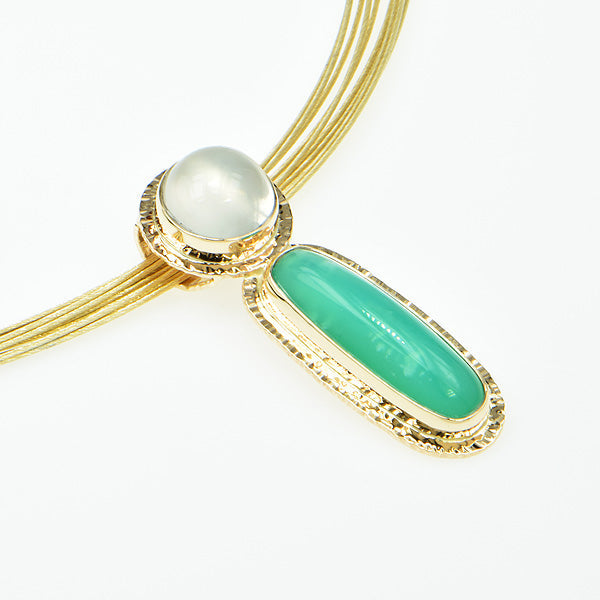 Michael Baksa Chrysoprase and Cats-Eye Moonstone 14K Gold Pendant